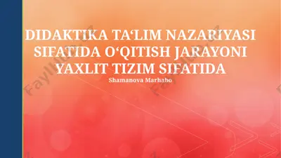 didaktika ta'lim nazariyasi sifatida o‘qitish jarayoni yaxlit tizim sifatida — PPTX