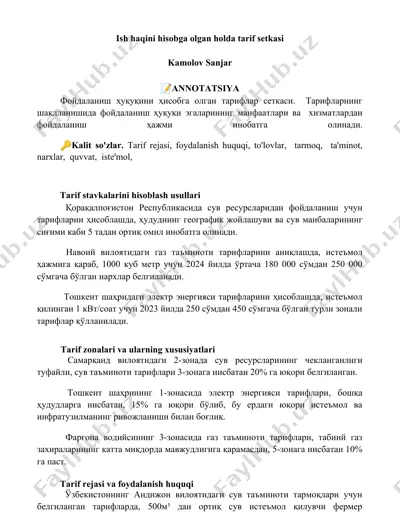 ish haqini hisobga olgan holda tarif setkasi — DOCX