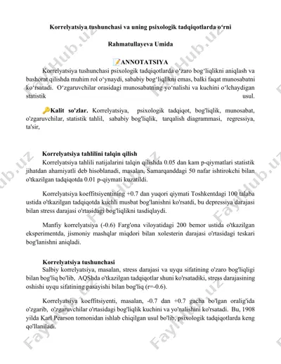 korrelyatsiya tushunchasi va uning psixologik tadqiqotlarda oʻrni — DOCX