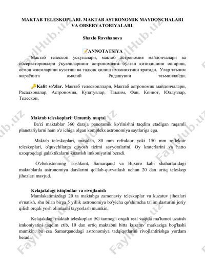 maktab teleskoplari, maktab astronomik maydonchalari va observatoriyalari — DOCX