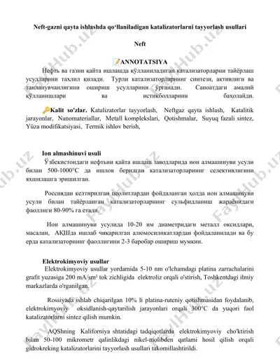 neft-gazni qayta ishlashda qo‘llaniladigan katalizatorlarni tayyorlash usullari — DOCX