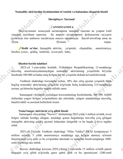 nomoddiy aktivlardan foydalanishni to'xtatish va balansdan chiqarish hisobi — DOCX