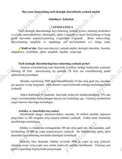 hayvonot dunyosining turli ekologik sharoitlarda yashash muhiti — DOCX