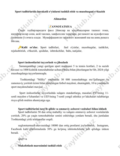 sport tadbirlarida harakatli o‘yinlarni tashkil etish va musobaqani o‘tkazish — DOCX