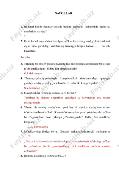 psixologik trening bo‘yicha savollar va javoblar — DOCX