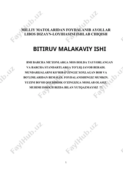 milliy matolaridan foydalanib ayollar libos dizayn-loyihasini ishlab chiqish — DOC
