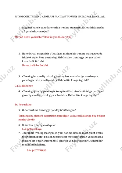 psixologik trening asoslari fanidan yakuniy nazaorat savollari — DOCX