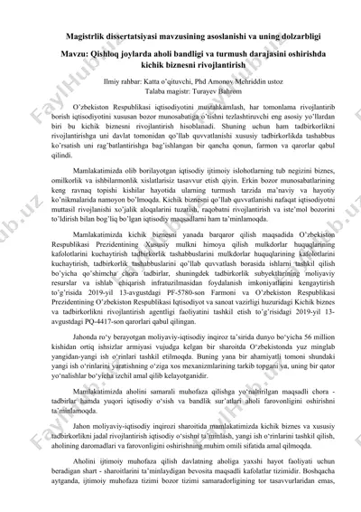 qishloq joylarda aholi bandligi va turmush darajasini oshirishda kichik biznesni rivojlantirish — DOCX