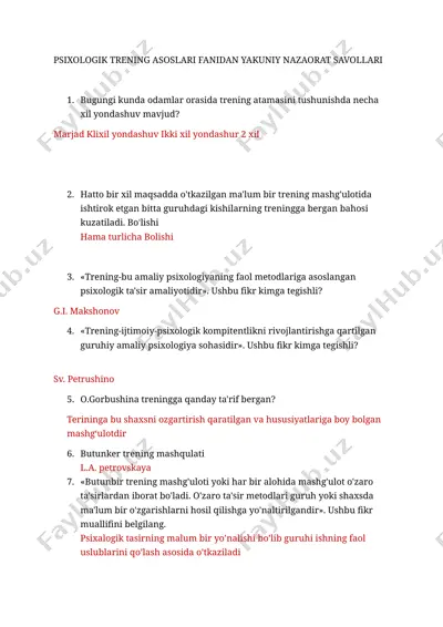 psixologik trening asoslari fanidan yakuniy nazaorat savollari — DOCX