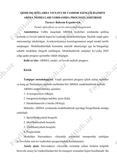 qishloq joylarda yo‘lovchi tashish xizmati hajmini arima modellari yordamida prognozlashtirish — DOCX