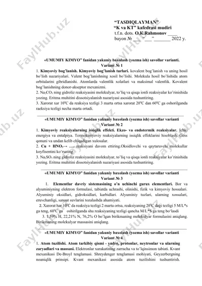 «umumiy kimyo» fanidan yakuniy baholash (yozma ish) savollari to‘plami (variantlar 1–16) — DOCX