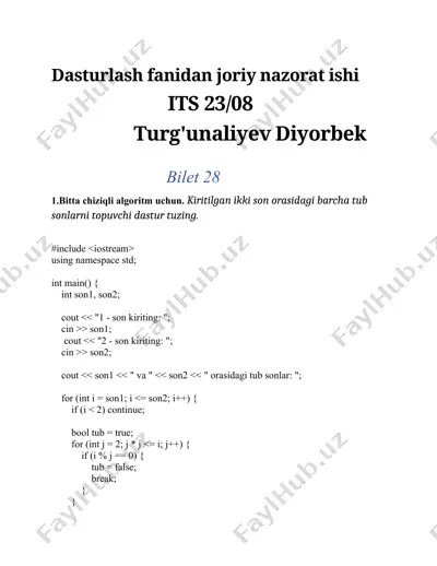 dasturlash fanidan joriy nazorat ishi (its 23/08, bilet 28) — DOCX