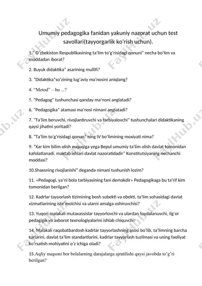 umumiy pedagogika fanidan yakuniy nazorat uchun test savollari — DOCX
