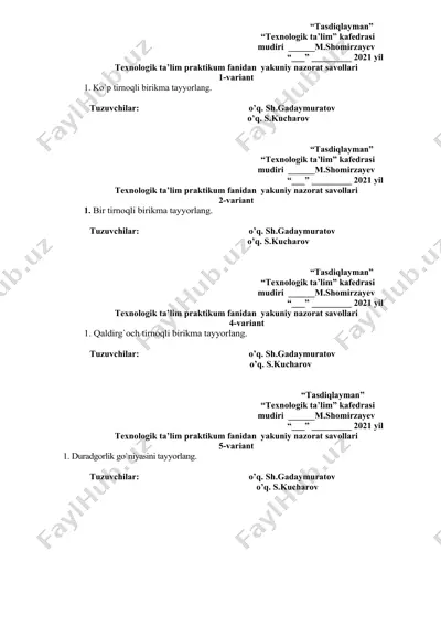 texnologik ta’lim praktikum fanidan yakuniy nazorat savollari — DOCX