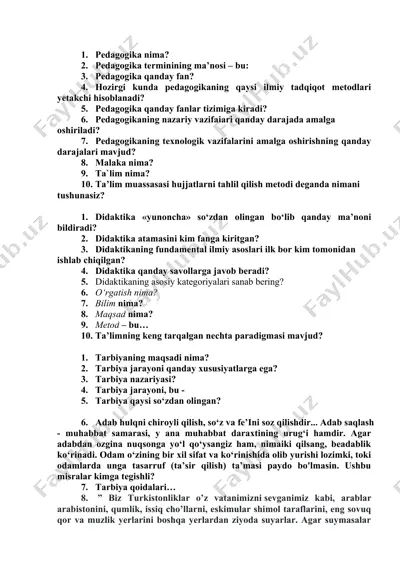 pedagogika va didaktika savollar to‘plami — DOCX