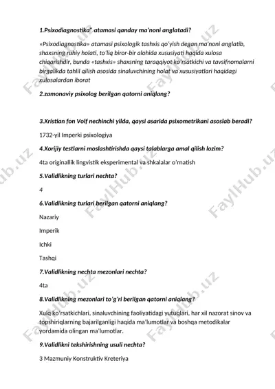 psixodiagnostika bo‘yicha savol-javoblar to‘plami — DOCX