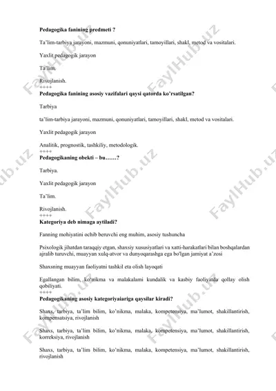 pedagogika faniga oid test savollari to‘plami — DOCX