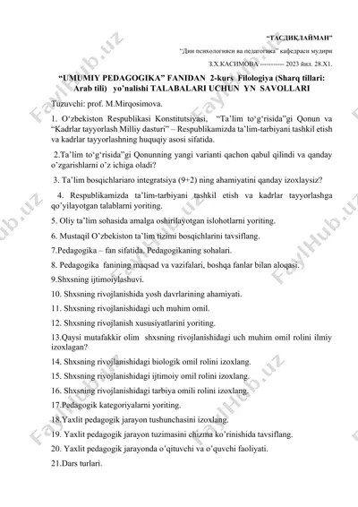 umumiy pedagogika fanidan savollar to‘plami — DOCX