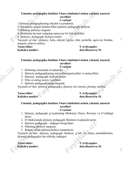 umumiy pedagogika fanidan 3-kurs talabalari uchun yakuniy nazorat savollari — DOCX