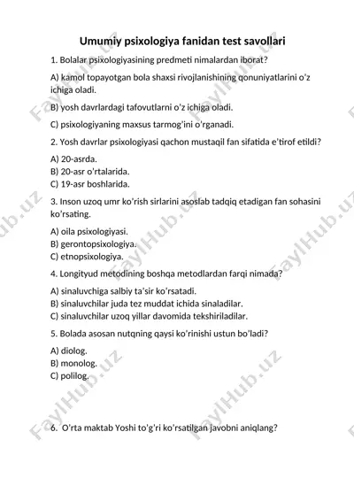 umumiy psixologiya fanidan test savollari — DOCX