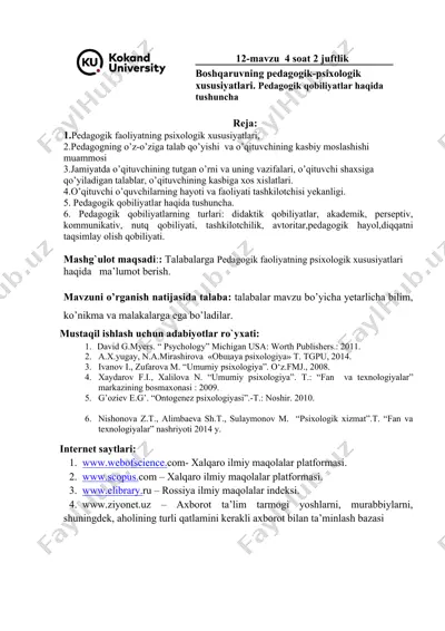 pedagogik faoliyatning psixologik xususiyatlari — DOCX