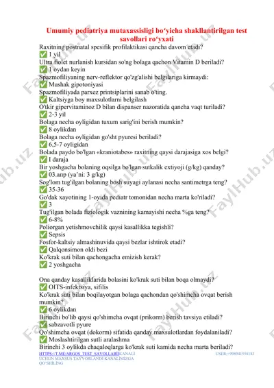 umumiy pediatriya mutaxassisligi bo‘yicha test savollari ro‘yxati — DOCX