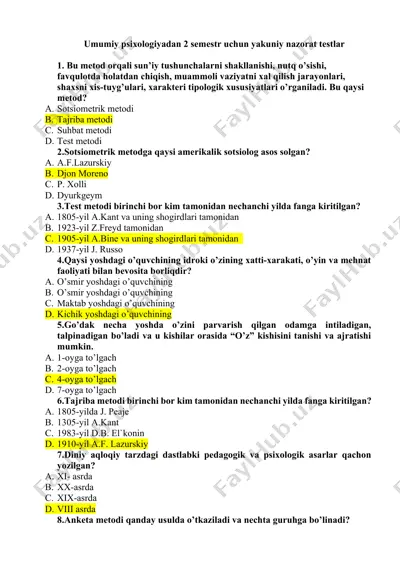 umumiy psixologiyadan 2 semestr uchun yakuniy nazorat testlar — DOCX