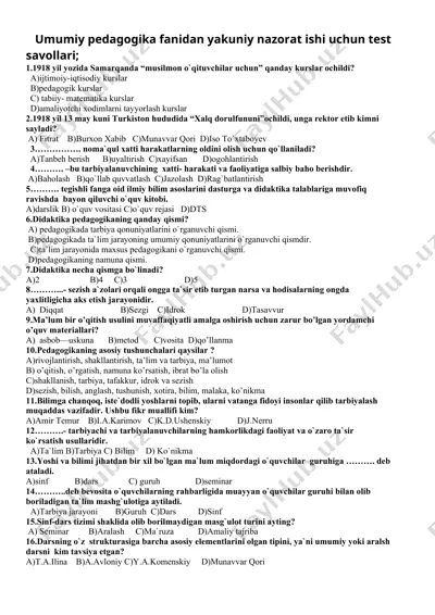umumiy pedagogika fanidan yakuniy nazorat ishi uchun test savollari — DOCX