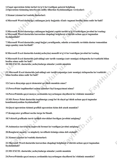 kompyuter asoslari va ms office bo‘yicha test savollari — DOCX