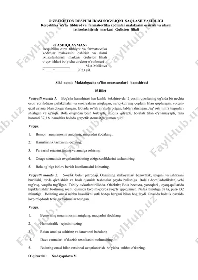 maktabgacha ta’lim muassasalari hamshiralari uchun vaziyatli masalalar to‘plami — DOCX