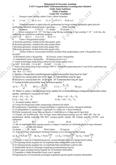 fizika-2 fanidan yakuniy nazorat savollari to‘plami — DOCX