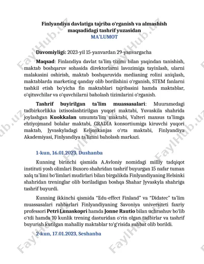 finlandiya davlat ta’lim tizimi bilan tanishish va tajriba almashish dasturi bo‘yicha amaliy hisobot — DOCX