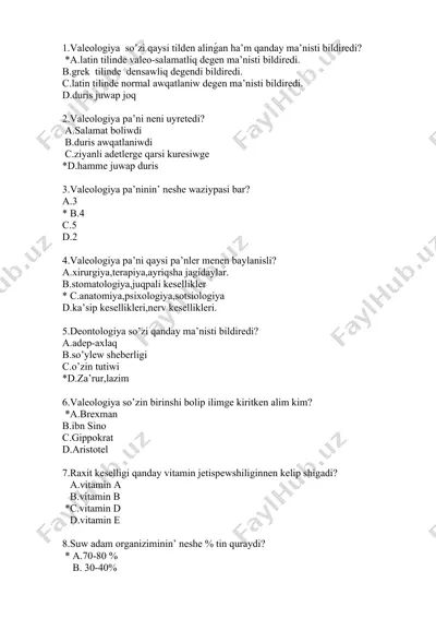 valeologiya fanidan 17 savollik test — DOCX