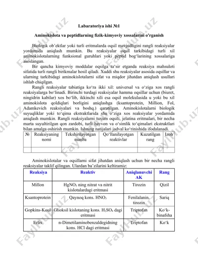 aminokislota va oqsillarni tahlil qilish bo‘yicha laboratoriya ishlar to‘plami — DOCX