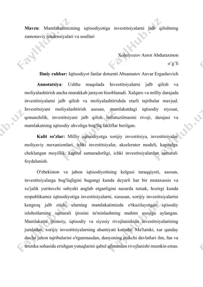 mamlakatimizning iqtisodiyotiga investitsiyalarni jalb qilishning zamonaviy tendensiyalari va usullari — DOCX