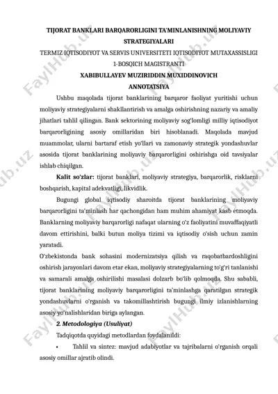 tijorat banklari barqarorligini ta’minlashning moliyaviy strategiyalari — DOCX