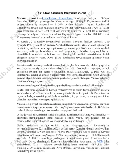 xorazm viloyati tabiiy-iqlim sharoiti va iqtisodiy salohiyati taqdimoti — DOCX