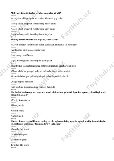 moliyaviy investitsiyalar bo‘yicha savollar va javoblar — DOCX