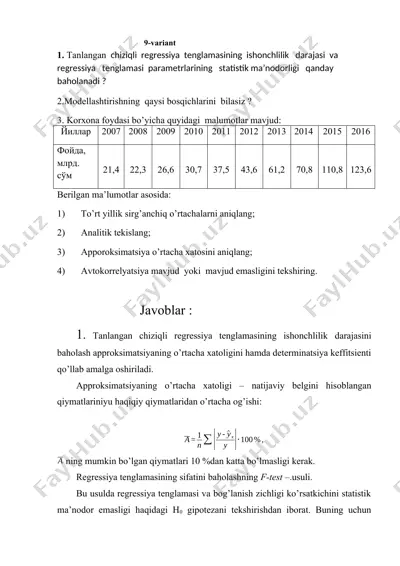 taqdimot: chiziqli regressiya va iqtisodiy-matematik modellashtirish (9-variant) — DOCX