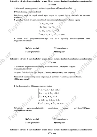 biznes matematika fanidan yakuniy nazorat savollari (1-kurs, sirtqi, 8 variant) — DOCX