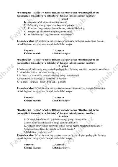 boshlang’ich ta’lim pedagogikasi innovatsiya va integratsiya fanidan yakuniy nazorat savollari to‘plami — DOCX