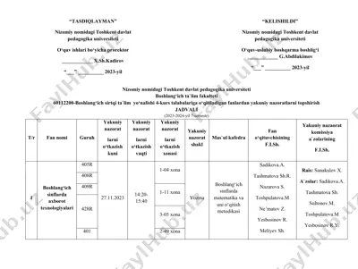 4-kurs boshlang‘ich taʼlim sirtqi yo‘nalishi yakuniy nazoratlar jadvali (2023–2024, 7-semestr) — DOCX