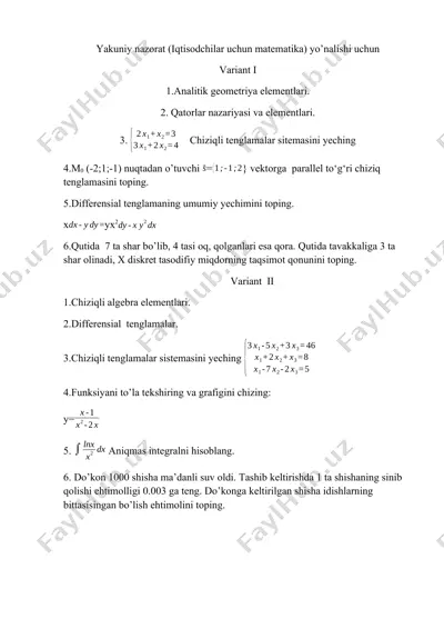 yakuniy nazorat (iqtisodchilar uchun matematika) — DOCX