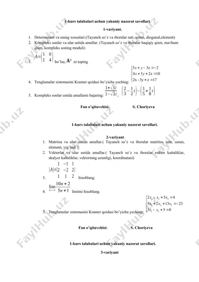 1-kurs talabalari uchun yakuniy nazorat savollari (10 variant) — DOCX