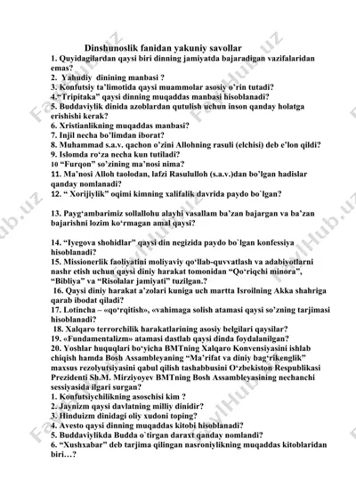 dinshunoslik fanidan yakuniy savollar — DOCX