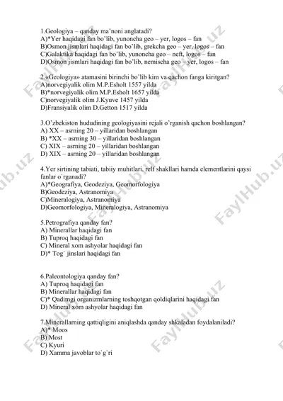 geologiya faniga oid test savollari — DOCX
