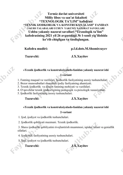 texnik ijodkorlik va konstruksiyalash fanidan yakuniy nazorat savollari — DOCX