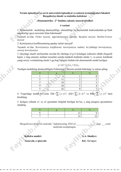 “ekonometrika – 2” fanidan yakuniy nazorat savollari to‘plami (1–5 variant) — DOCX