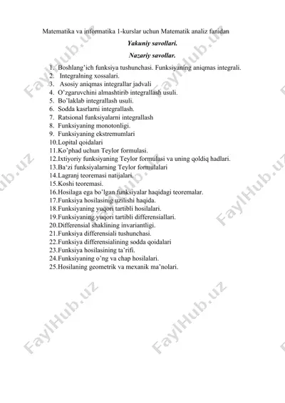 matematika va informatika 1-kurslar uchun matematik analiz fanidan yakuniy savollari — DOCX