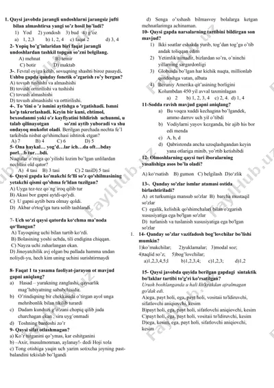 o‘zbek tili fanidan fonetik, morfologik va sintaktik test savollari — DOCX